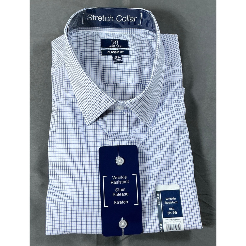 George Mens 3XL Classic Fit Dress Shirt Blue Check Wrinkle Resistant Long Sleeve